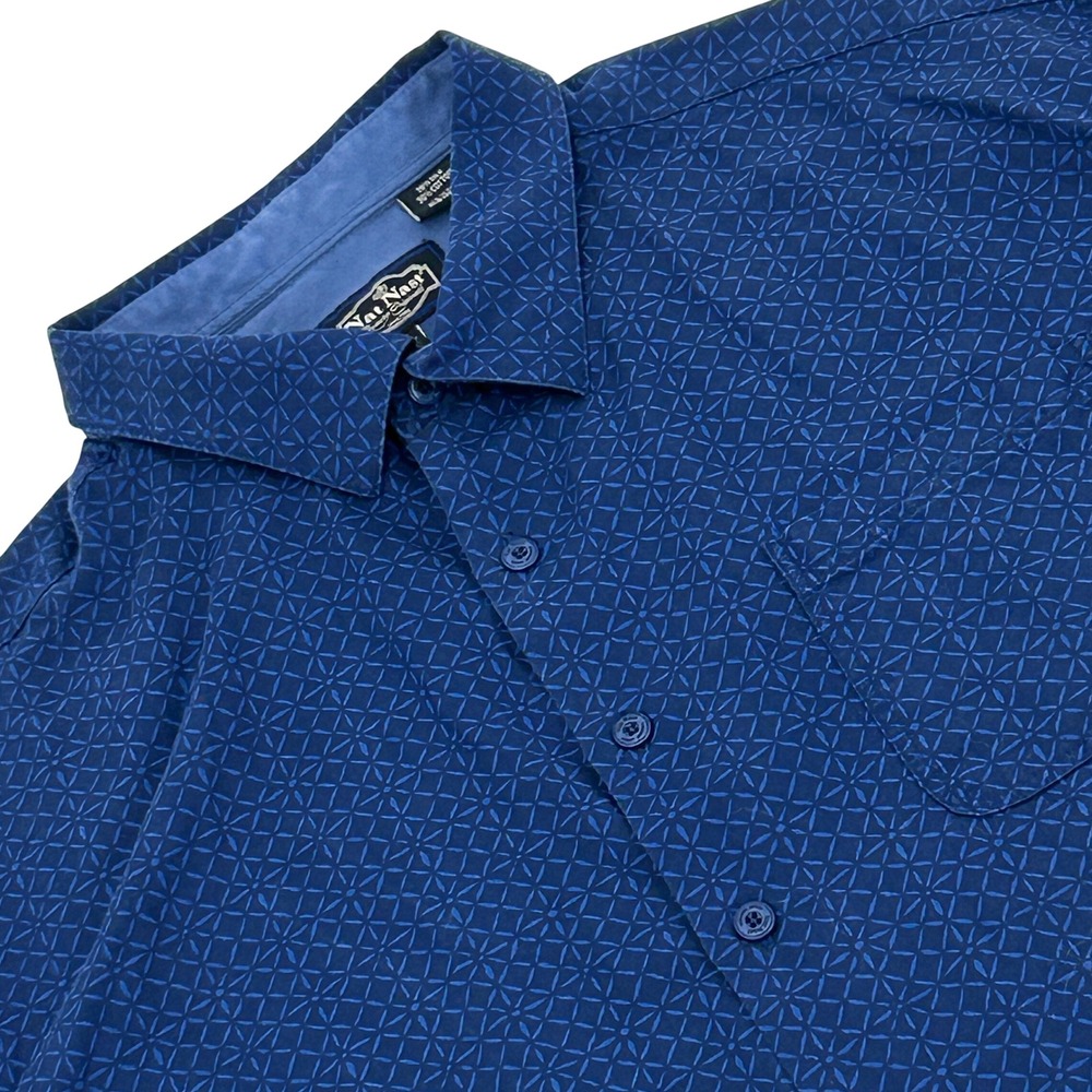 Nat Nast Button Up Shirt Mens XXL Blue Silk Cotton Geometric Short Sleeve Lion